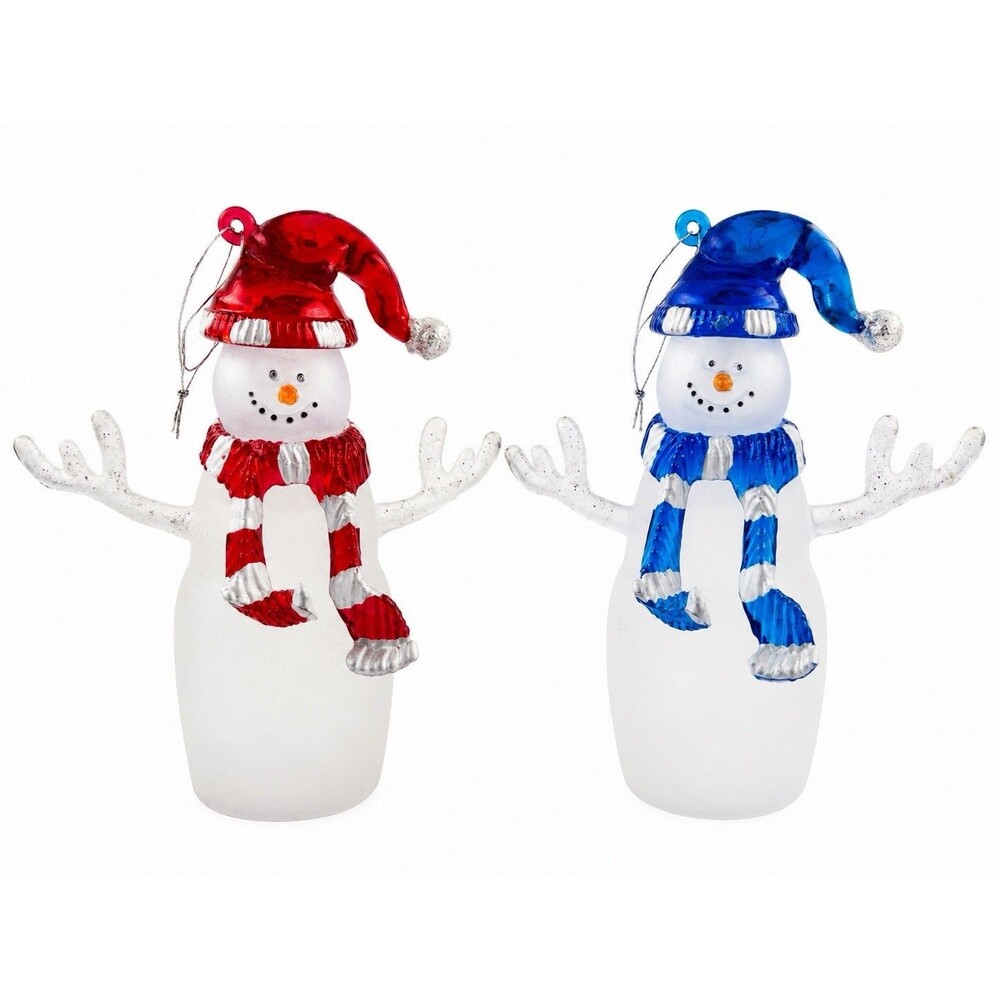 Vintage Frosted Glass Snowman Ornament Set Red Blue Hats Blown Glass Pair 4 ½” - Picture 2 of 8